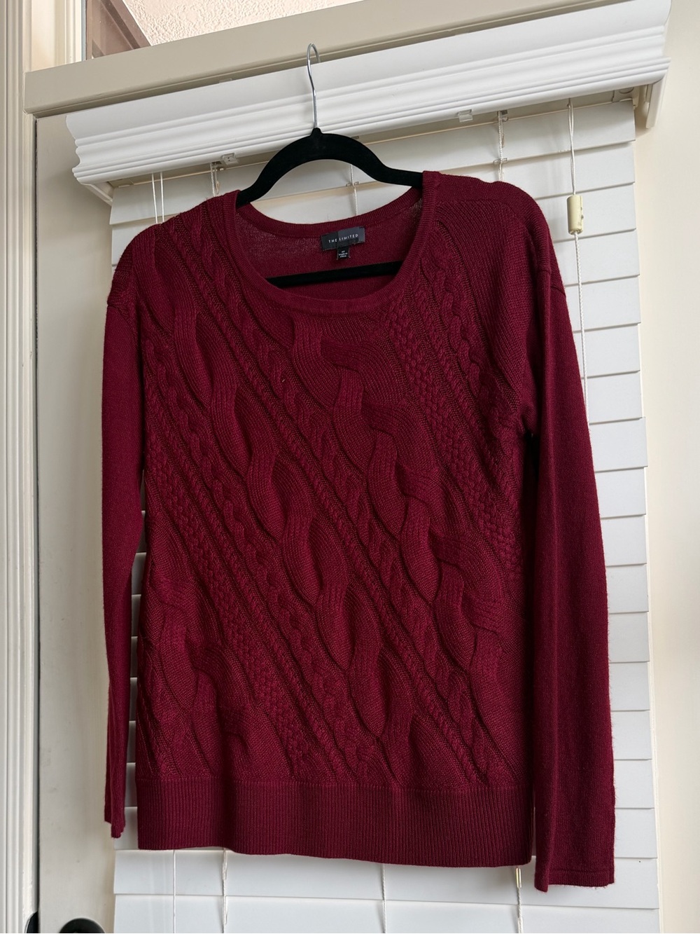 The Limited Burgundy Cable-Front Crewneck Sweater